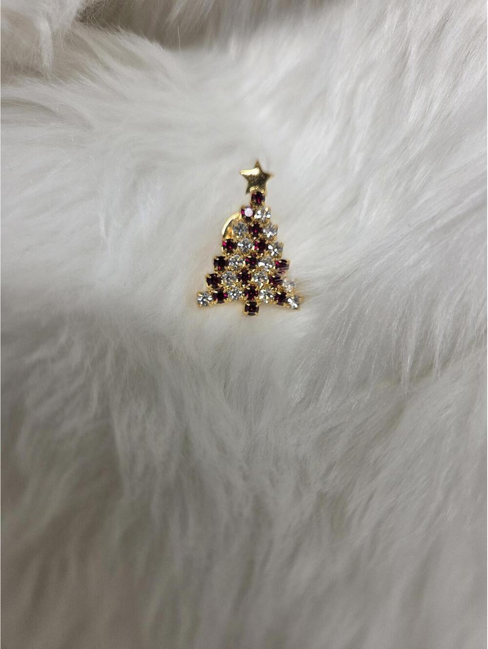 Holiday Christmas Tree Pin with Red and Clear Rhinestones